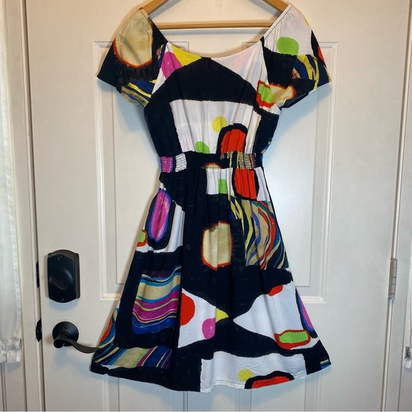 Jams World Short Cap Sleeve Dress Size S Abstract Black Multicolor Print V-Neck - Picture 2 of 12